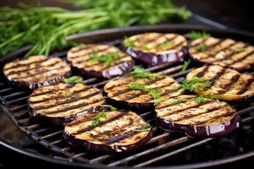 thinly sliced eggplant smoking on a flat-top grill - obrazy, fototapety, plakaty
