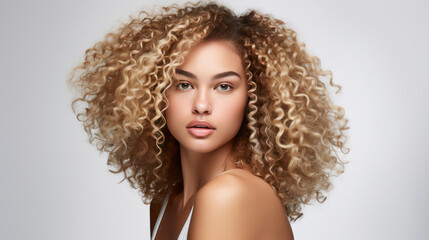 Portrait of young woman with blonde natural curly hair. Hair care, make-up and hair health - obrazy, fototapety, plakaty