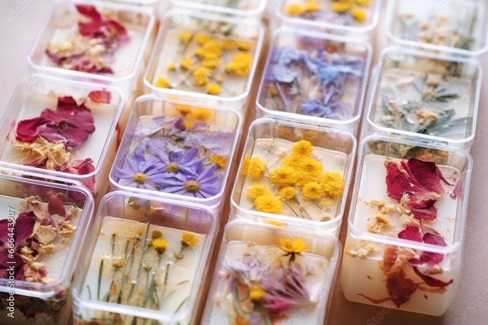 Wall mural soap bars encapsulating dried flowers inside them