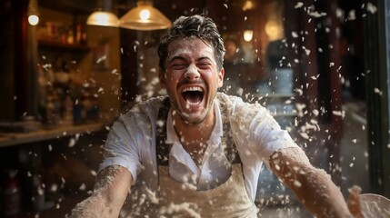 A chaotic kitchen filled with flour and laughter
 - obrazy, fototapety, plakaty