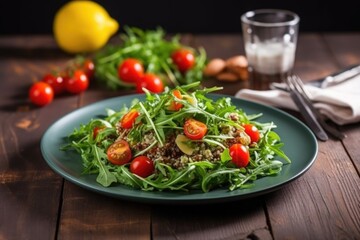 serving quinoa salad with arugula and cherry tomatoes on a plate