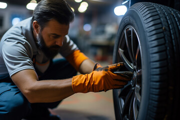 Close-up of a mechanic changing a car tire in a garage