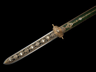 A Sikh ceremonial sword adorned with intricate decorations and symbols, exuding elegance and cultural significance.