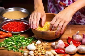 Obraz na płótnie Canvas hand pushing cloves of fermented garlic into a bowl of vegetables