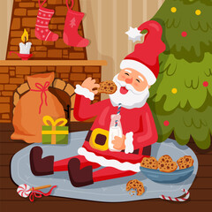 Santa Claus is eating gingerbread cookies and drinking milk. Vector illustration.