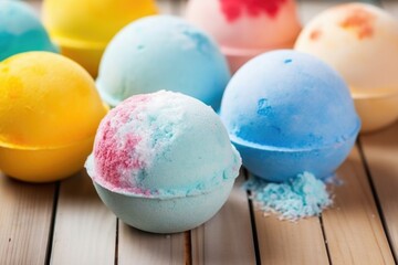 Obraz premium close-up shot of round bath bomb molds on wooden table