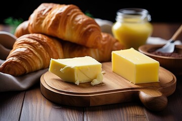 fresh croissants on a table with butter