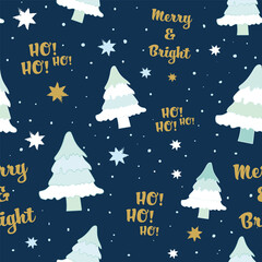 Fototapeta na wymiar Merry And Bright Wishes with Snowy Christmas Trees Wallpaper. Seamless Surface Pattern Swatch on Navy Blue Background With Snowflakes. 