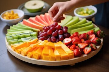 hand delicately arranging sliced fruits on an oval platter