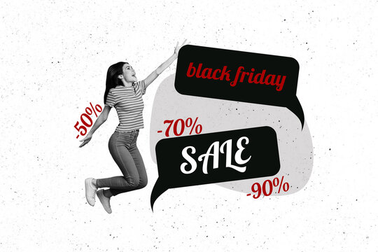 Creative collage image of jumping crazy girl showing you can order goods on black friday with discount isolated over white background