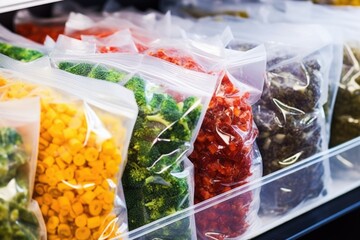 close-up shot of frozen food packed in plastic bags