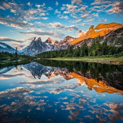 mountain peaks in the background with water, grass and trees