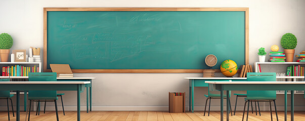 Empty classroom with green chalkboard background.