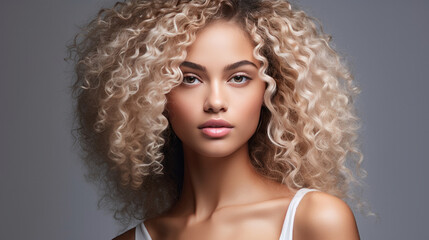 Portrait of young woman with blonde natural curly hair. Hair care, make-up and hair health