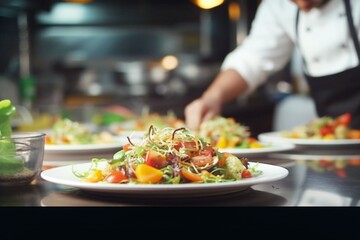Master chef cook man hands precisely cooking dressing preparing tasty fresh delicious mouthwatering gourmet dish food on plate to customers 5-star michelin restaurant kitchen close-up detailed artwork