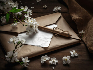 Brown envelope with white flowers on a wooden table.