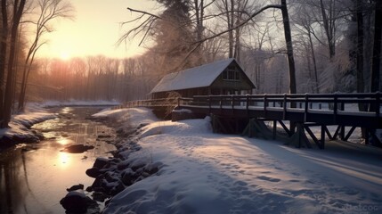 Snow-covered bridge over a frozen river. AI generated
