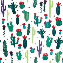 Hand-drawn Blooming Cactus seamless pattern. A variety of cactus plants with flowers on white background