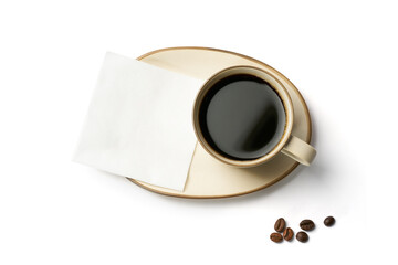 Black coffee and coffee beans on white background
