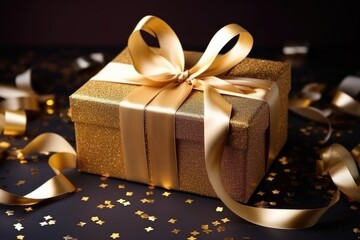 decorated gift box with golden ribbons close-up
