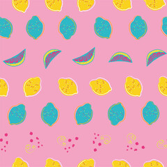 Neon Citrus Fun: Seamless Cartoon Lemon Pattern in Day-Glo Neon and Pastel Hues, Perfect for Fabric, Packaging, and Wrapping with a Playful and Colorful Vibe