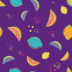 Neon Citrus Fun: Seamless Cartoon Lemon Pattern in Day-Glo Neon and Pastel Hues. Wallpaper Perfect for Fabric, Packaging, and Wrapping with a Playful and Colorful Vibe.