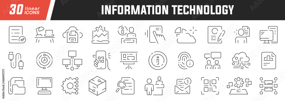 Poster information technology linear icons set. collection of 30 icons in black