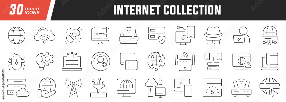 Aufkleber internet linear icons set. collection of 30 icons in black
