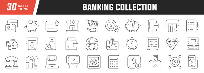 Fototapeta na wymiar Banking linear icons set. Collection of 30 icons in black