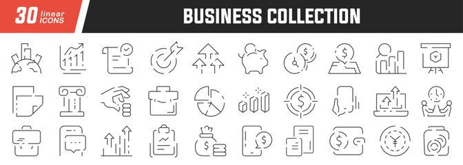 Fototapeta na wymiar Business linear icons set. Collection of 30 icons in black