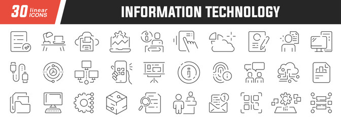 Information technology linear icons set. Collection of 30 icons in black
