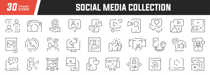 Fototapeta na wymiar Social media linear icons set. Collection of 30 icons in black