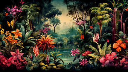 Fototapeta na wymiar Paintings of forests, trees, flowers and wildlife in tropical nature. For working on designing things
