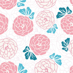 Floral Simple Seamless Pattern Swatch. Pink and Blue Flowers on White Background. Meadow Wallpaper.