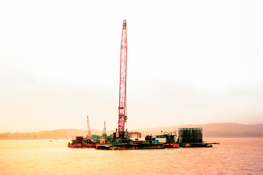 Cable-stayed bridge under construction on the Sharavathi river at Shimoga, Karnataka, India.