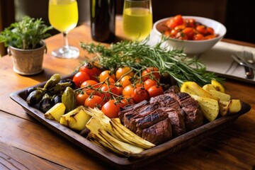 a platter of churrasco with grilled vegetables