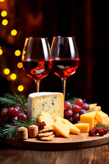 Wine and cheese on the background of the fireplace. Generative AI,