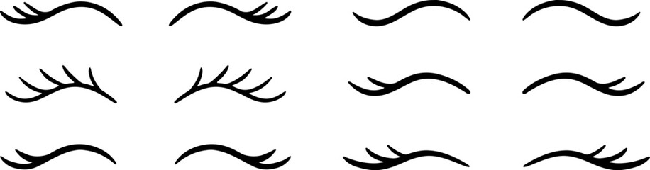 Closed eye with eyelashes cute vector icon set for cartoon character illustration. Sleep girl or unicorn long eyelash line simple face part graphic makeup mascara symbol. 