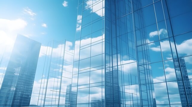 Reflective skyscrapers, business office buildings. Low angle photography of glass curtain wall details of high-rise buildings.The window glass reflects the blue sky and white clouds. Generative AI
