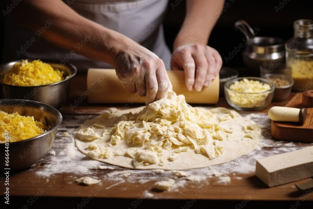 Wall mural human hand filling calzone dough with shredded cheese