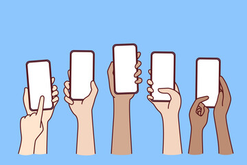 Hands of people with mobile phones with blank screen to show advertising apps or websites for digital gadgets. Mock up with hands of multiracial men using phones and smartphones and touching display