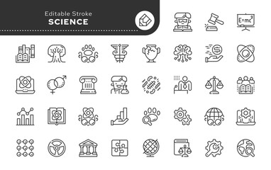 Set of science line concept web icons in outline linear style. Icon - flasks, test tubes, laboratory, scientific knowledge and types of sciences. Vector pack.