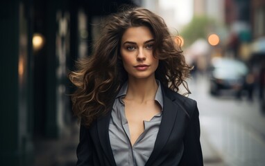 Obraz premium The portrait of self confident, strong and fashionable business woman in the big city streets