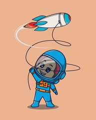 vector illustration of astronaut flying a cute toy rocket. science technology icon concept