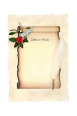 Christmas Eve letter to Santa Claus scroll on parchment paper and white with feather pen holly mistletoe winter greenery Old fashioned holiday Xmas design.