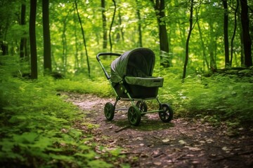 Fototapeta na wymiar Infant stroller amidst woodland. Generative AI