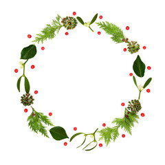 Christmas abstract winter floral garland wreath with leaves and holly berries on white background. Festive nature decoration for greeting card, logo, menu, Yule, Noel.