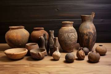 neolithic pottery pieces arranged on a wooden surface - obrazy, fototapety, plakaty