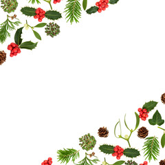 Traditional Christmas winter background flora border on white, Festive design for greeting card,...