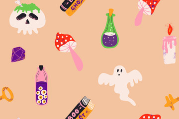 Seamless pattern with Halloween cartoon elements. Background with a witchs potion, ghost and other decor for the holiday. Vector illustration for textile, wrapping paper, fabric.